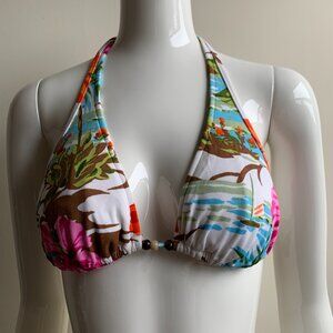 Raisins Multi color floral print beaded halter bikini top size large